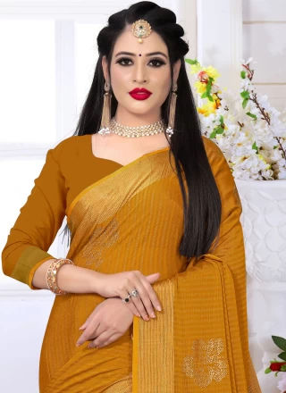 Satin Silk Swarovski Bollywood Saree in Mustard
