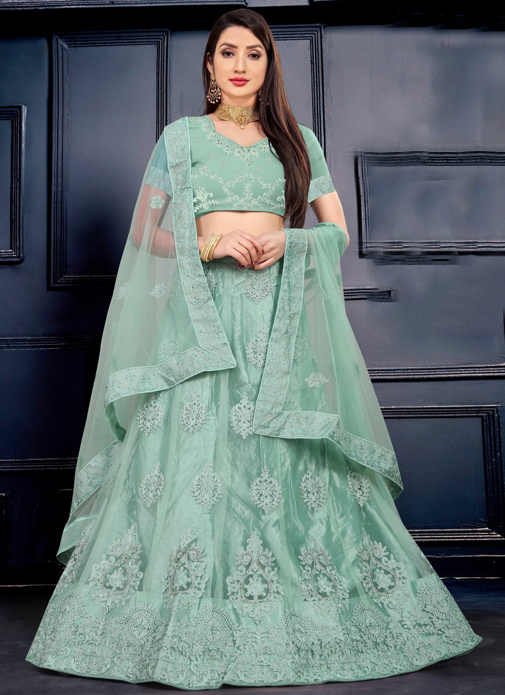 Buy Sea Green Embroidered Net Lehenga Choli 177245 