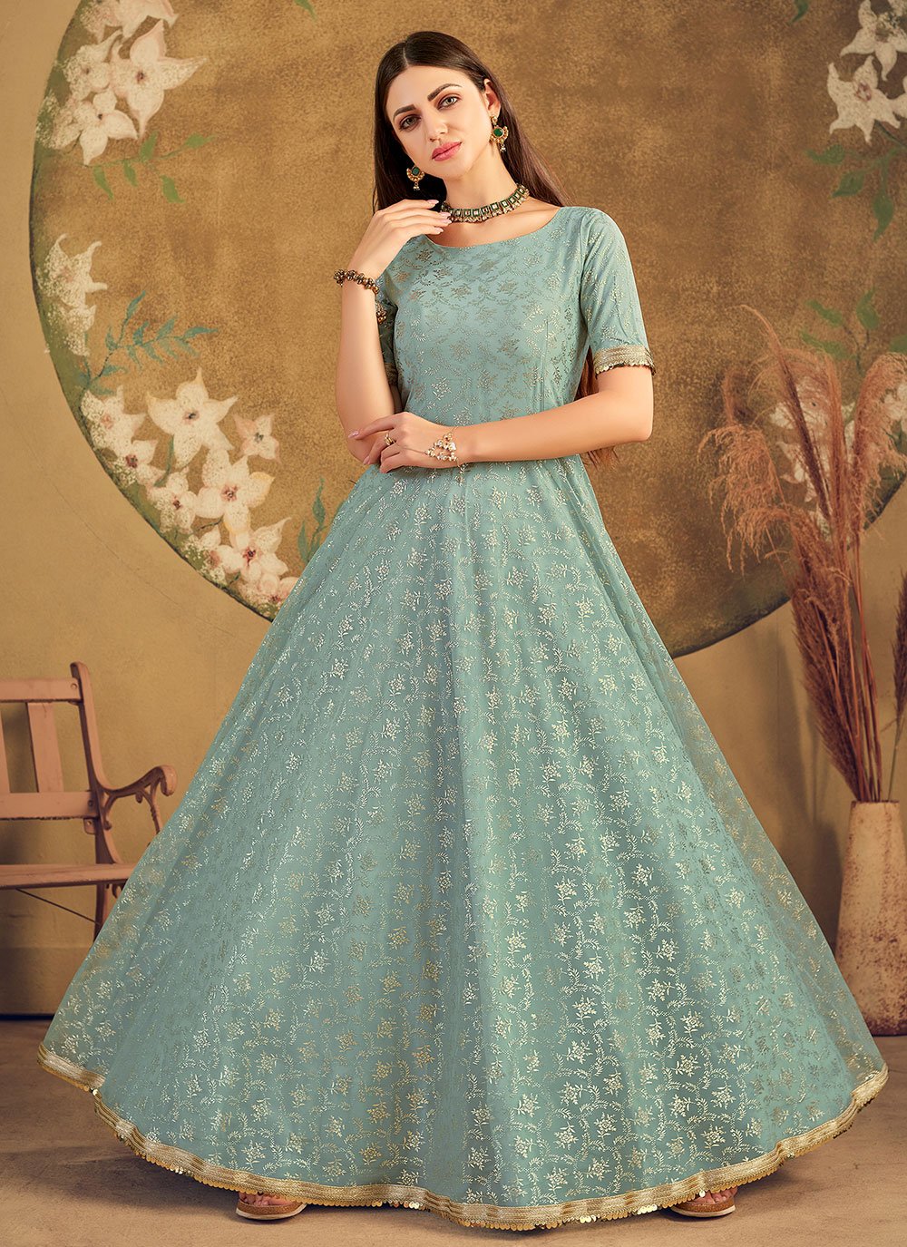 Sea Green Printed Indian Gown With Embroidery Express 156GW06