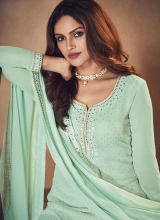 Sea Green Festival Faux Georgette Designer Palazzo Salwar Suit