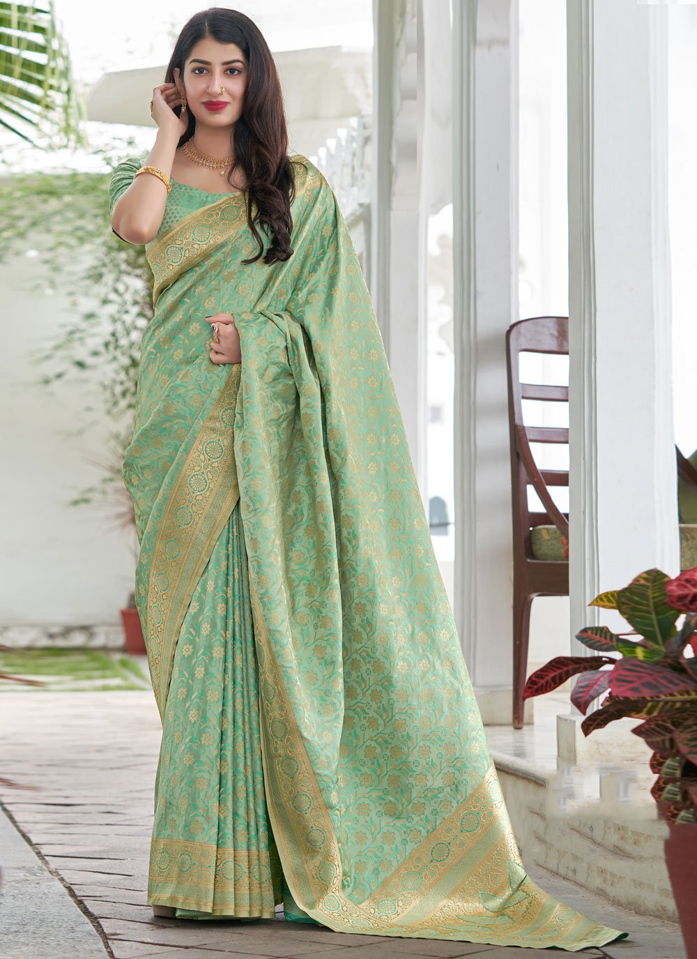 Sea Green Woven Satin Silk Traditional Saree