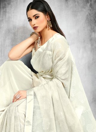 Sequins Faux Georgette Off White Trendy Saree