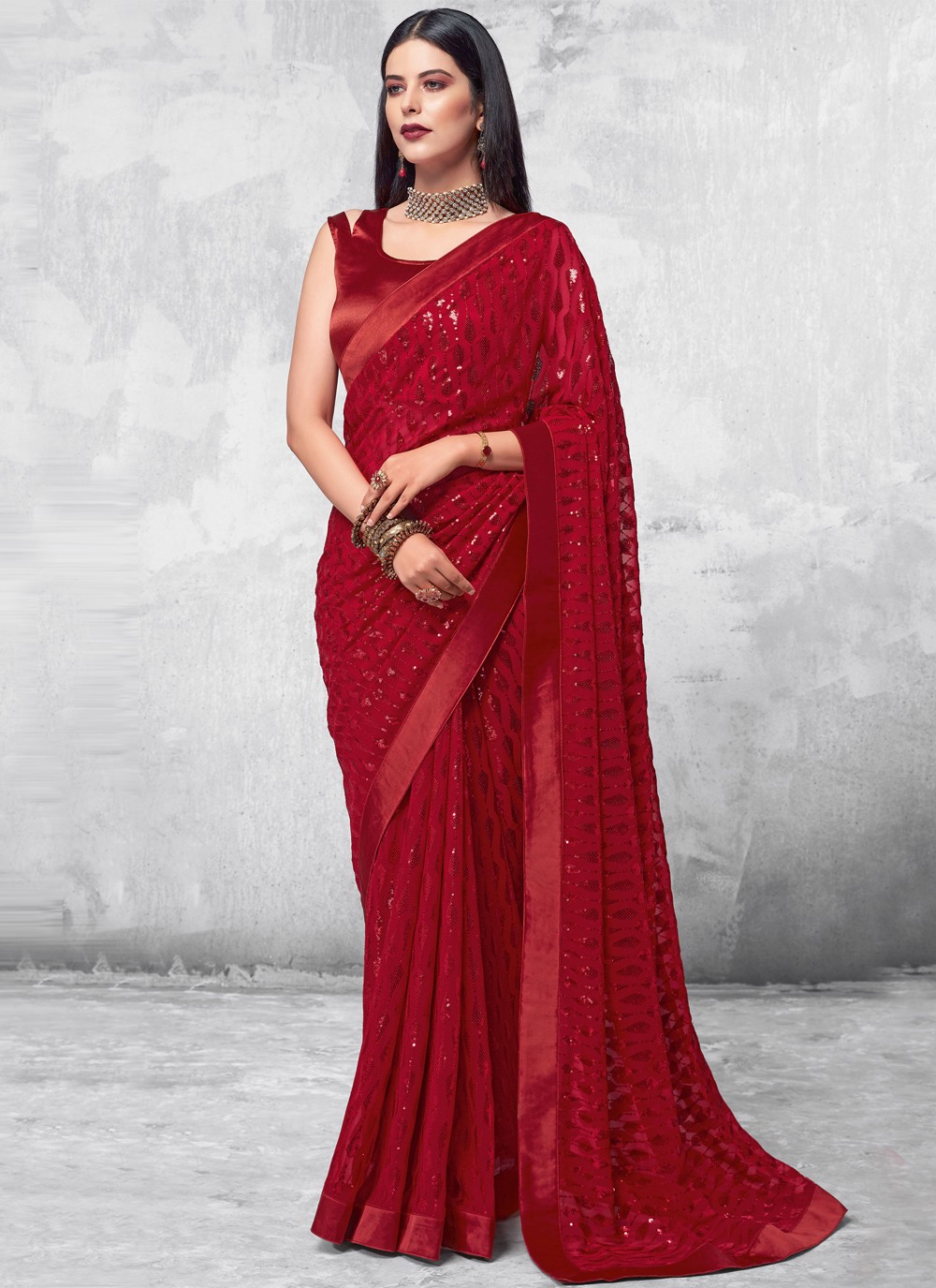 Shop Sequins Maroon Designer Saree Online 175389