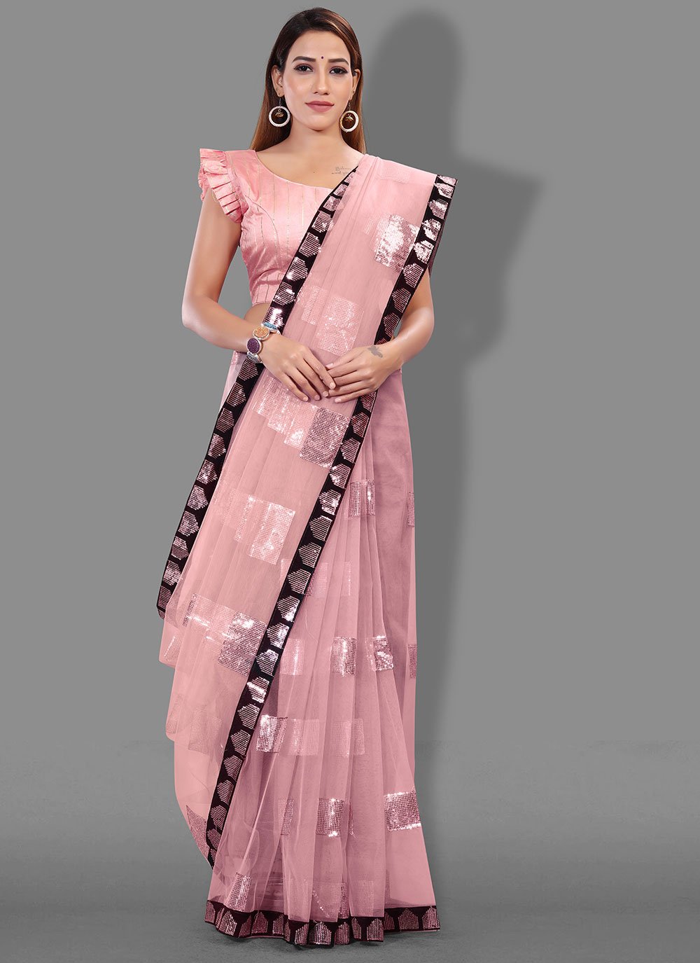 Sequins Net Designer Saree in Pink
