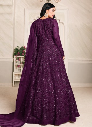 Sequins Net Floor Length Anarkali Suit in Purple