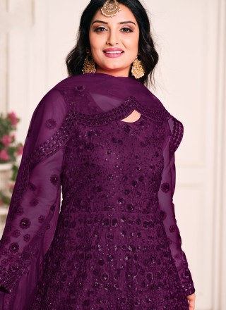 Sequins Net Floor Length Anarkali Suit in Purple