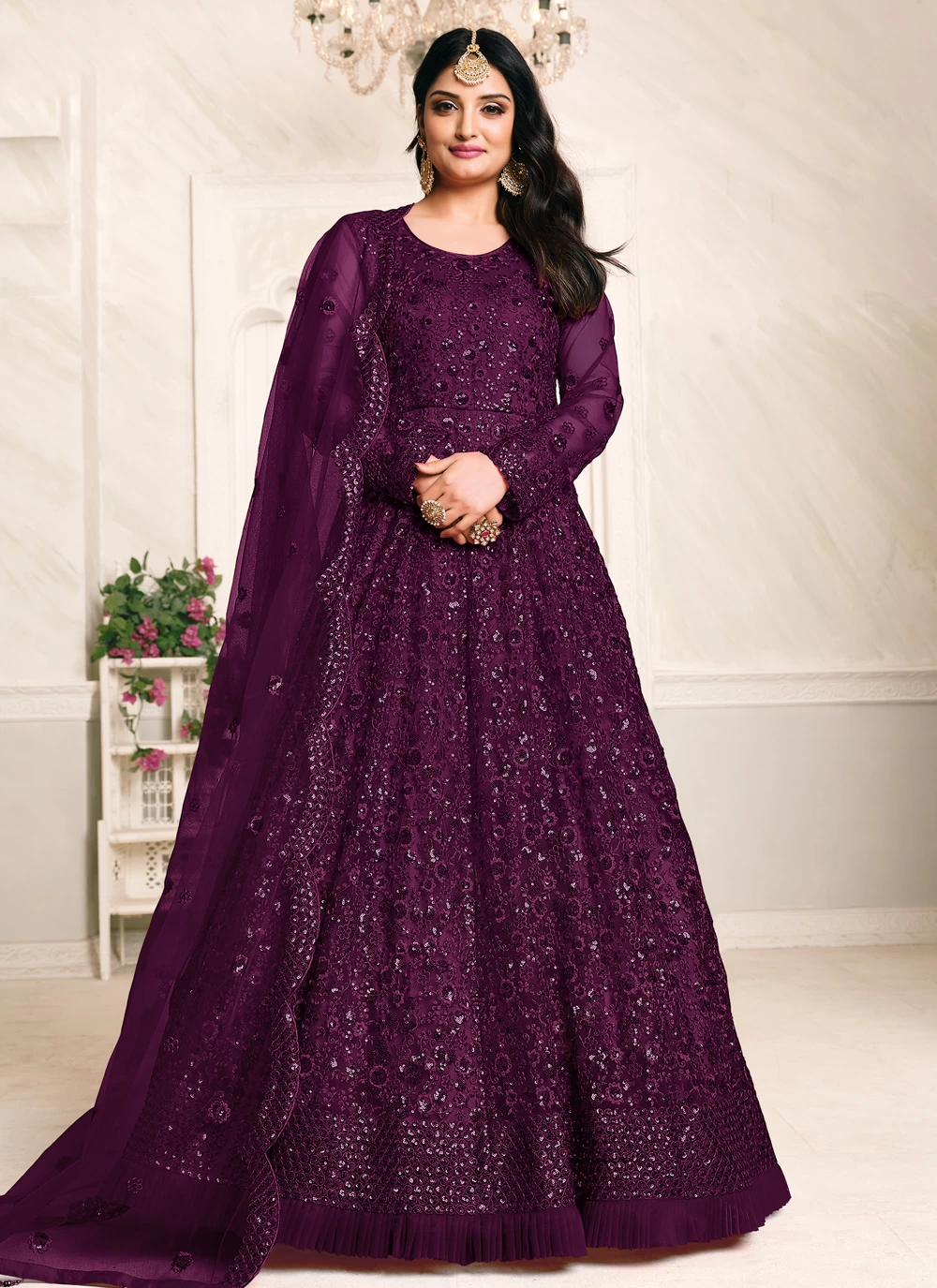 Sequins Net Floor Length Anarkali Suit in Purple