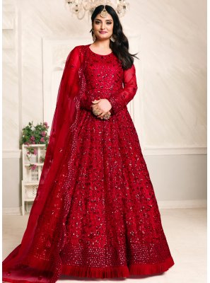 Sequins Net Red Floor Length Anarkali Suit