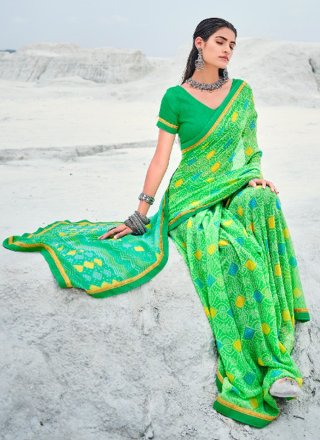 Shaded Saree Abstract Print Faux Georgette in Green