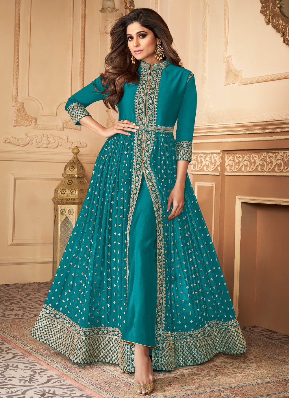 Shamita Shetty Faux Georgette Embroidered Blue Designer Floor Length Suit