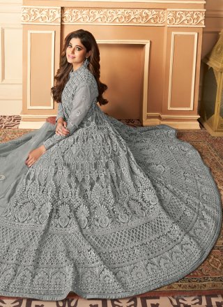 Shamita Shetty Grey Festival Designer Floor Length Salwar Suit