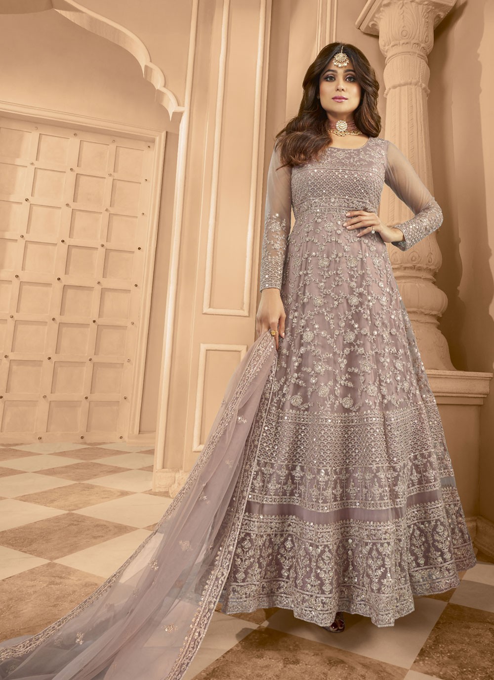 Shamita Shetty Lavender Floor Length Anarkali Suit