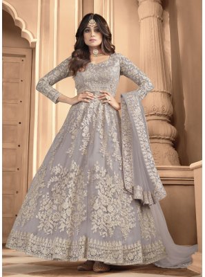 Shamita Shetty Net Grey Embroidered Floor Length Anarkali Suit