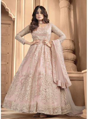 Shamita Shetty Net Pink Embroidered Floor Length Anarkali Suit