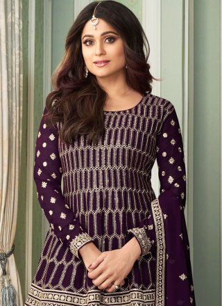 Shamita Shetty Purple Faux Georgette Embroidered Designer Palazzo Salwar Kameez