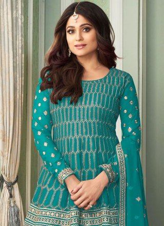 Shamita Shetty Turquoise Faux Georgette Designer Palazzo Suit