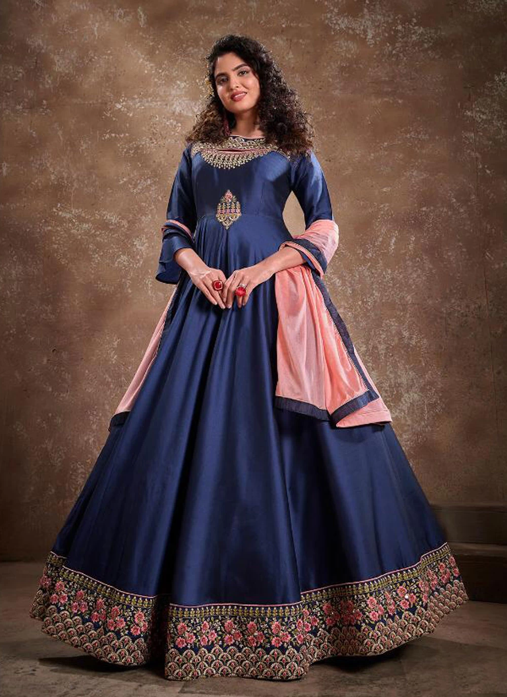 Silk Blue Embroidered Readymade Anarkali Suit