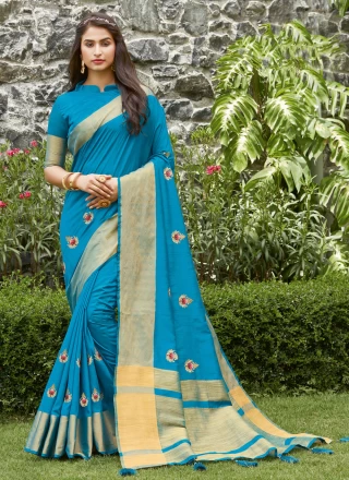 Silk Blue Embroidered Traditional Designer Saree