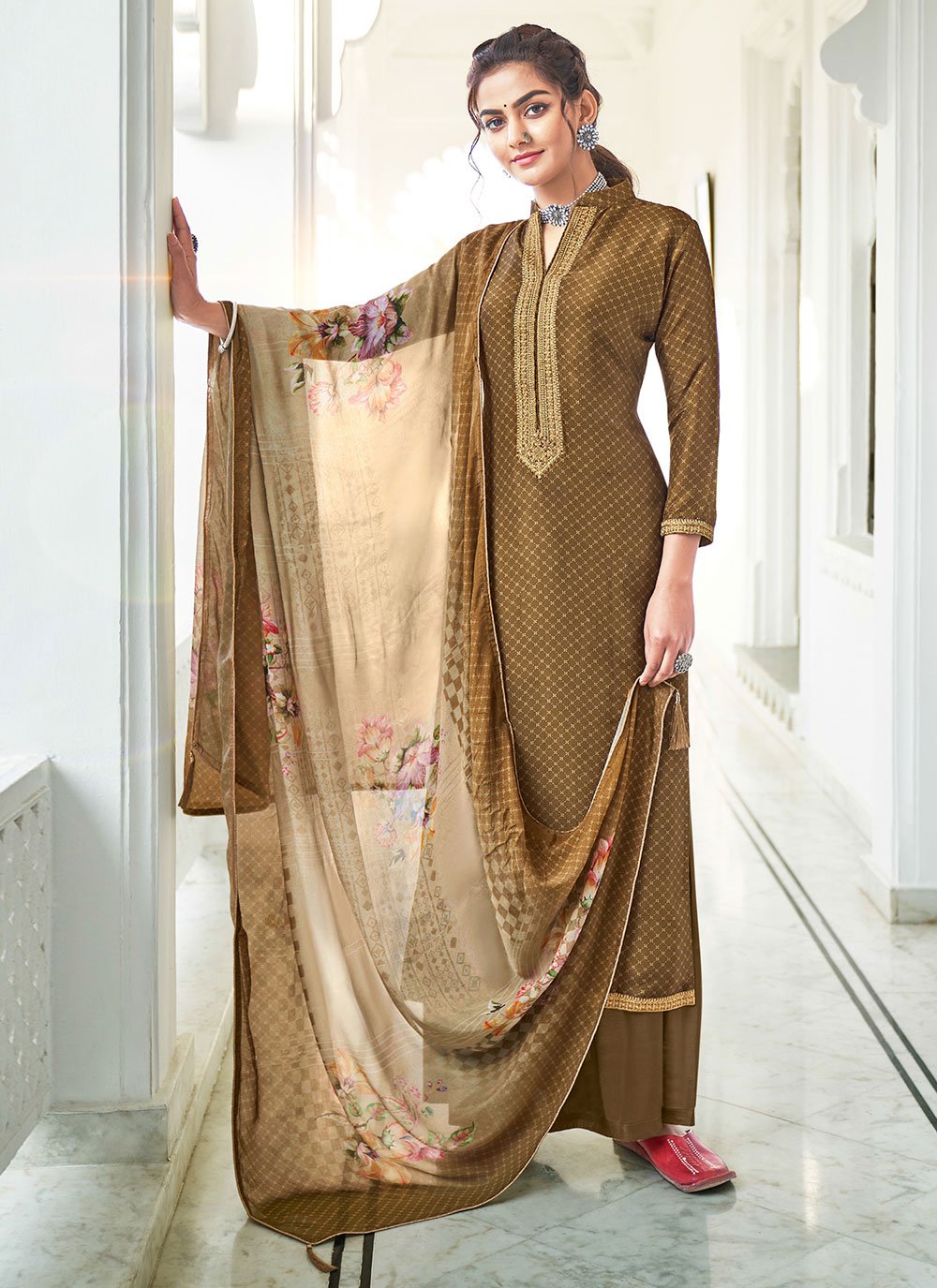 Silk Designer Palazzo Suit in Beige