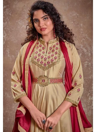 Silk Embroidered Cream Readymade Anarkali Suit