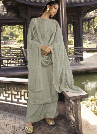 Silk Embroidered Grey Designer Palazzo Salwar Suit