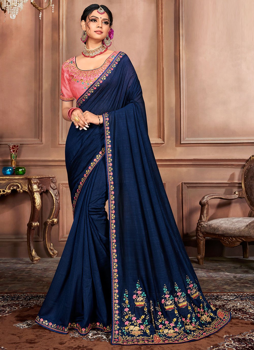 Blue and Red Embroidered Saree Indian Pakistani Ethnic Wedding Designer Sari