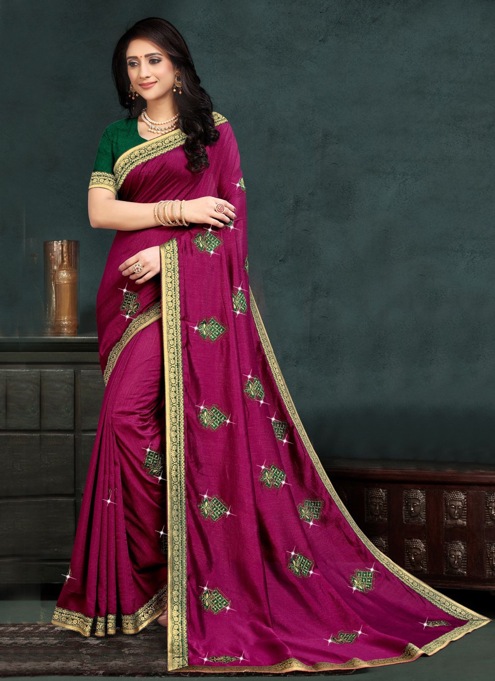 Shop Online Silk Embroidered Purple Traditional Saree : 179877