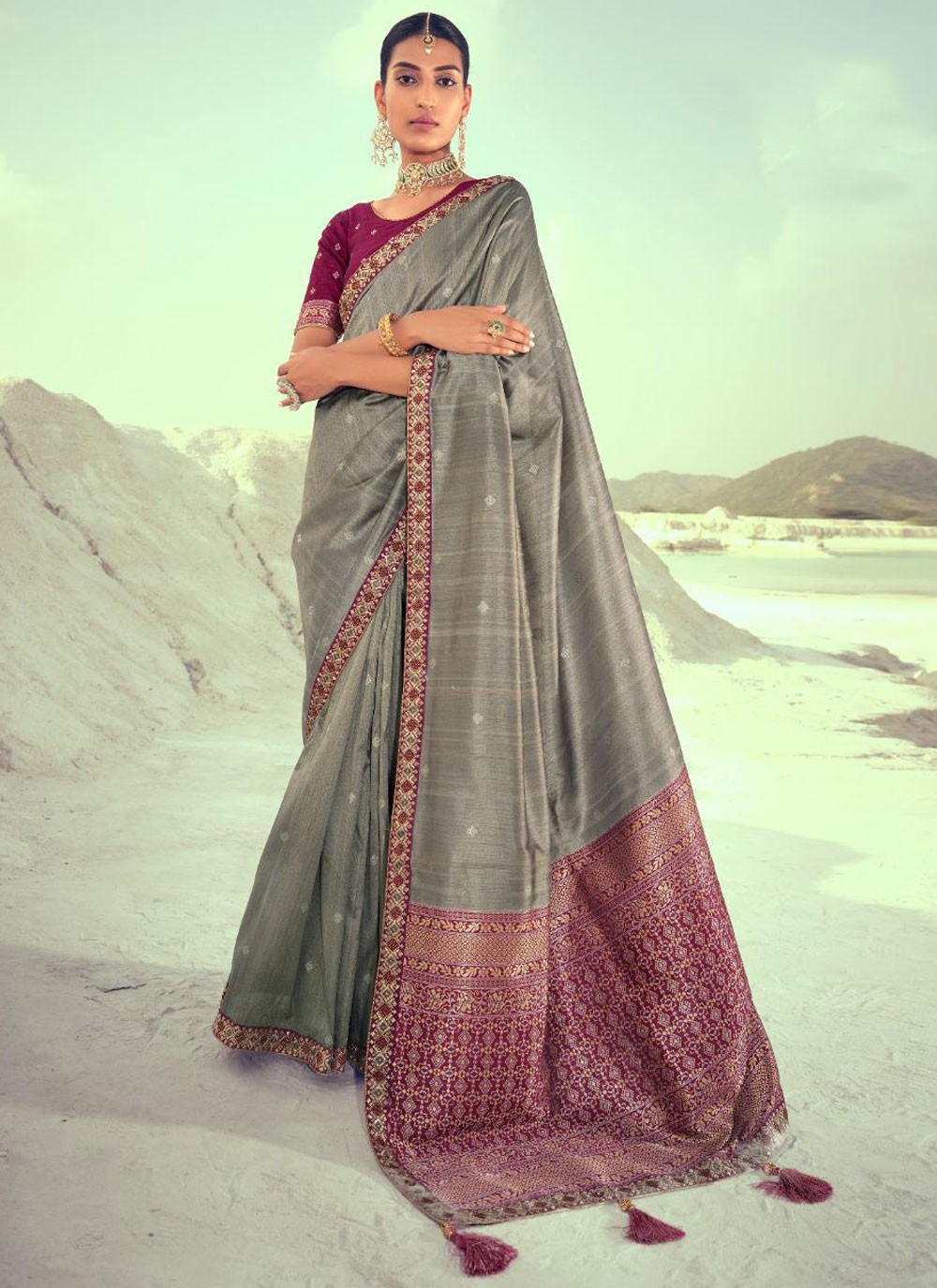 Silk Grey Weaving Designer Traditional Saree