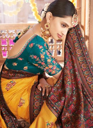 Silk Mustard Embroidered Traditional Designer Saree