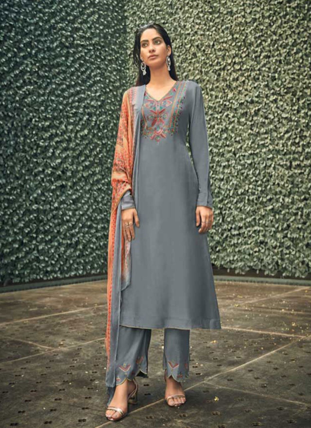 Silk Pant Style Suit in Grey
