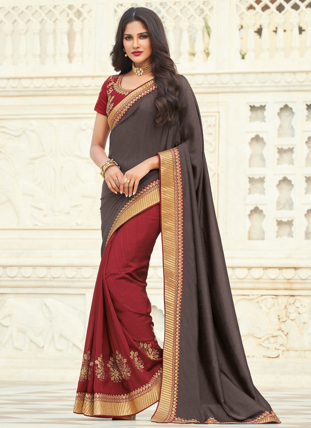 Shop Silk Patch Border Grey And Maroon Designer Half N Half Saree Online