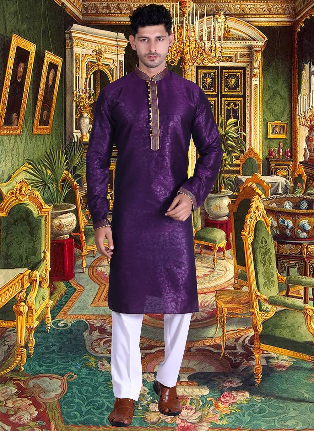 Buy Online Silk Plain Purple Kurta Pyjama 193965 Mens