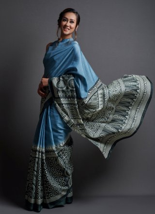 Silk Print Blue Printed Saree
