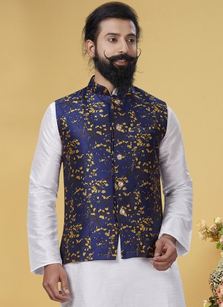 Silk Printed Nehru Jackets in Blue