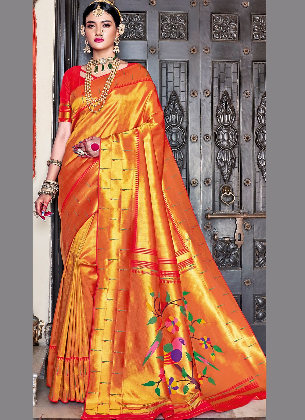 Silk Weaving Traditional Designer Saree in Red and Yellow