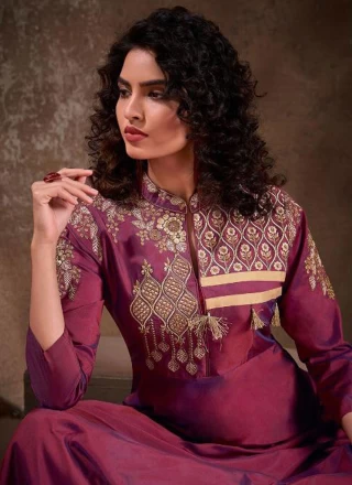 Silk Wine Embroidered Readymade Anarkali Salwar Suit