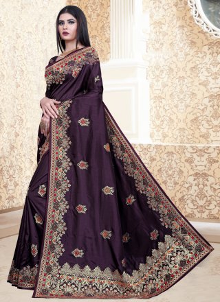 Silk Wine Embroidered Traditional Saree