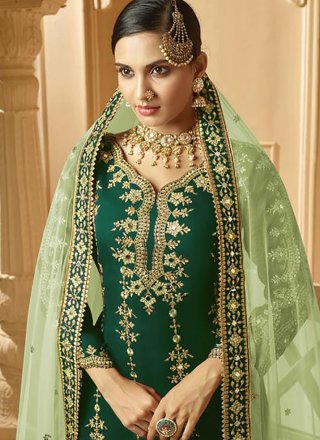 Stone Faux Georgette Designer Palazzo Suit in Green