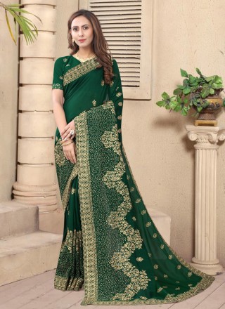 Stone Green Silk Designer Saree