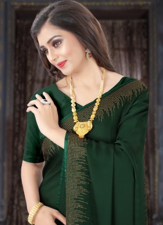 Stone Satin Classic Saree in Green