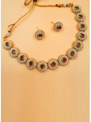 Stone Work Gold and Maroon Necklace Set