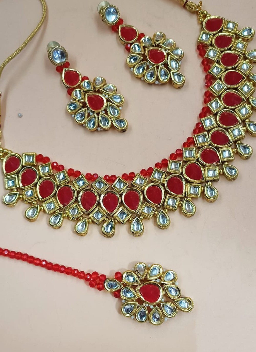 Stone Work Gold and Red Necklace Set