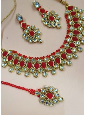 Stone Work Gold and Red Necklace Set