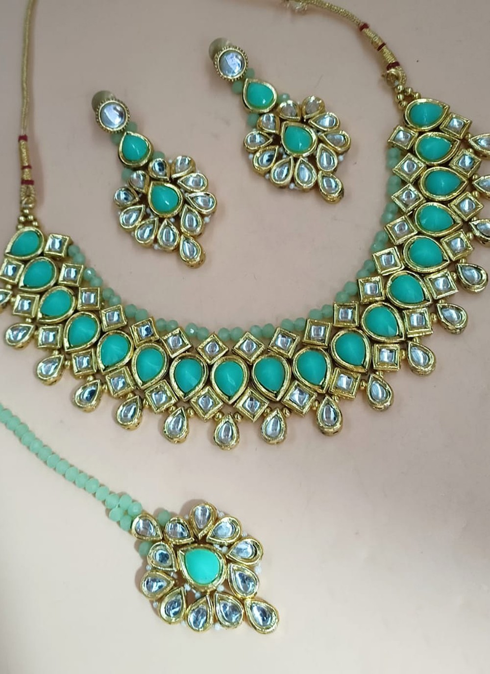 Stone Work Gold and Turquoise Necklace Set