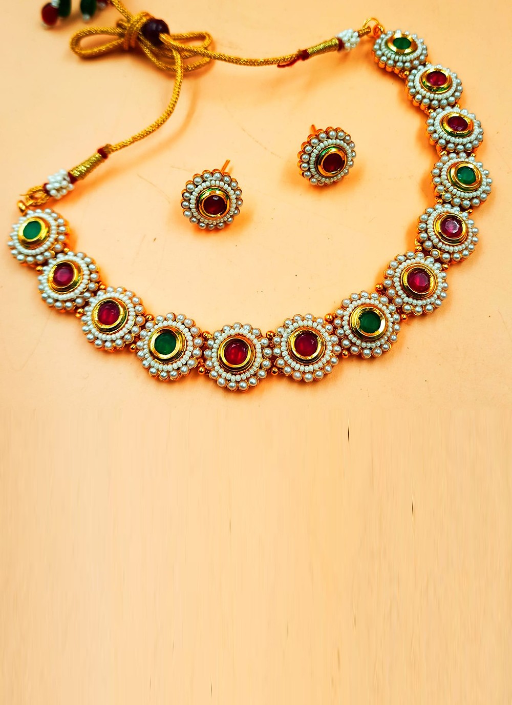 Stone Work Gold, Green and Maroon Necklace Set