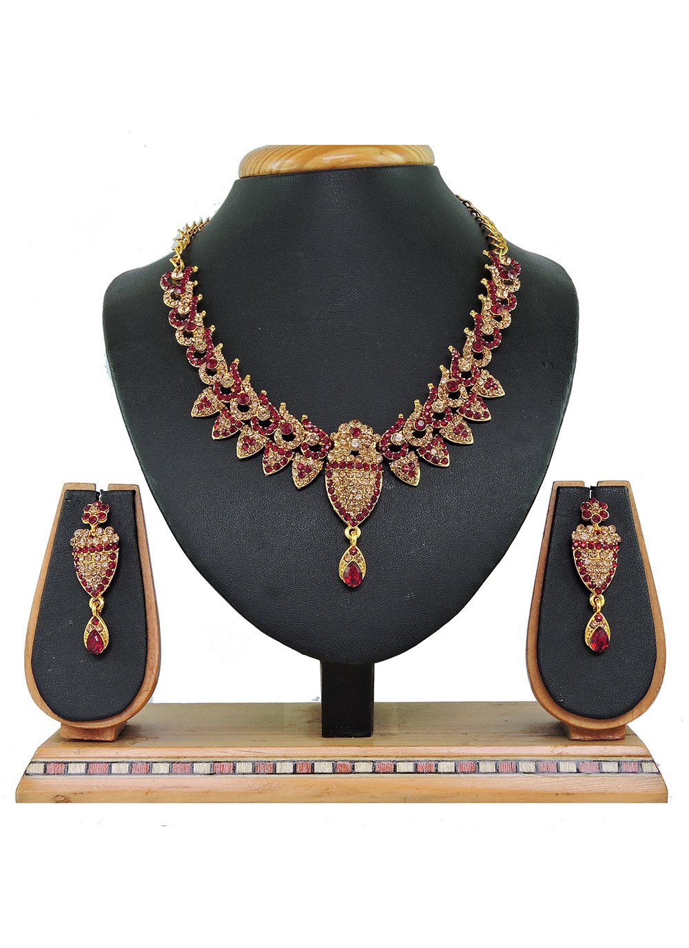 Stone Work Necklace Set in Gold and Maroon