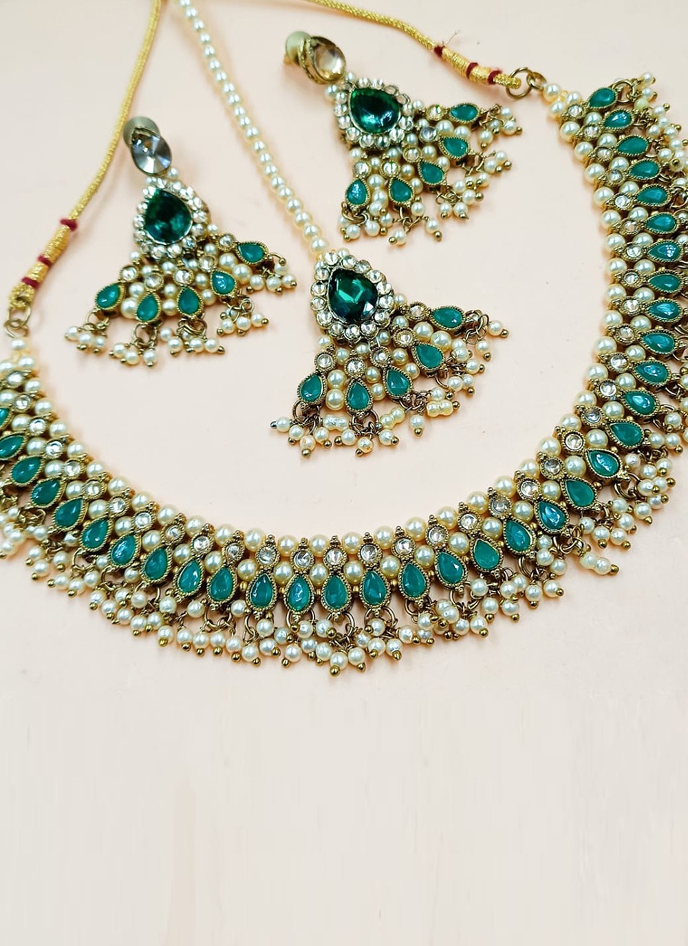 Stone Work Necklace Set in Gold and Turquoise