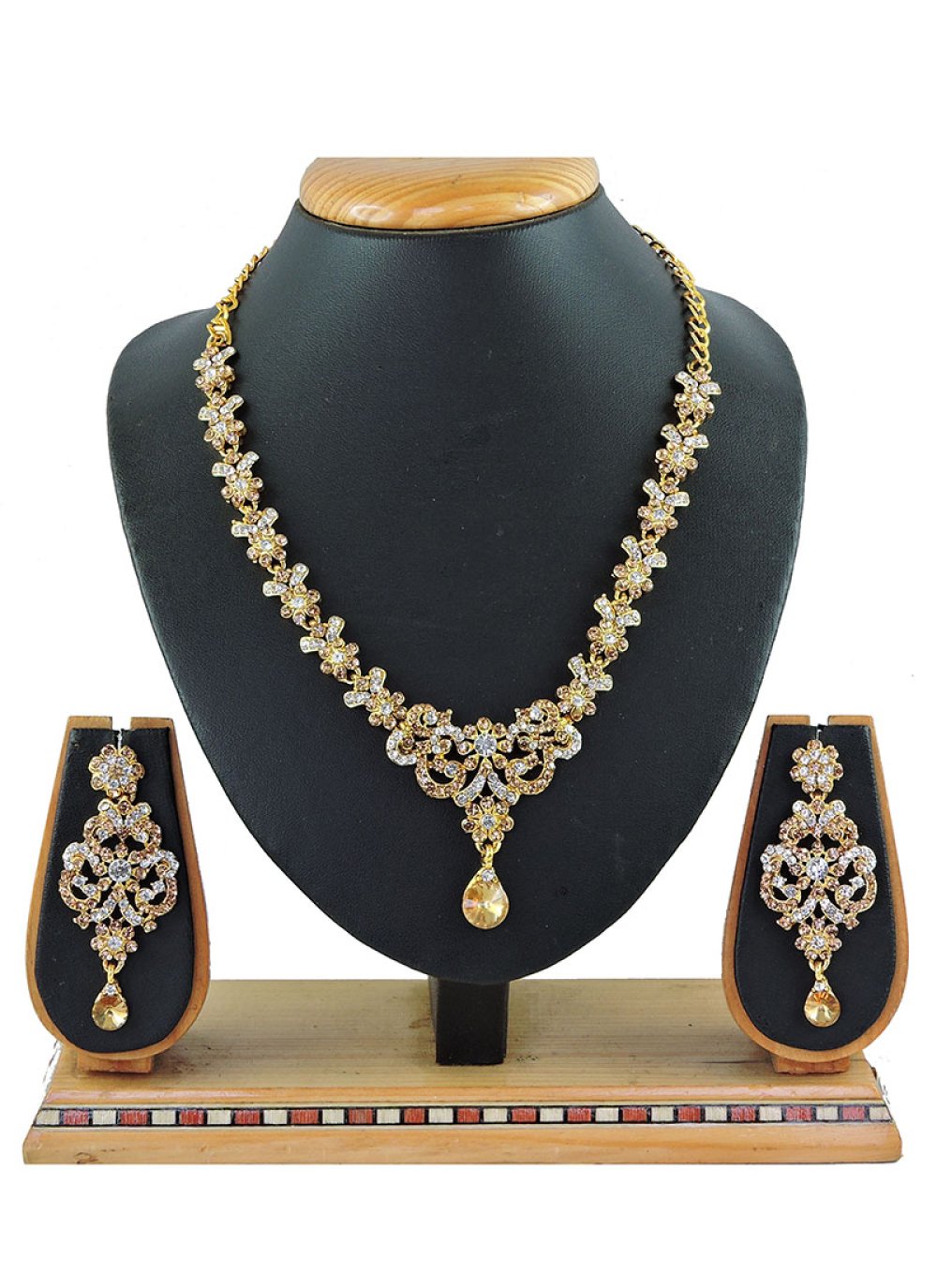 Stone Work Necklace Set in Gold and White