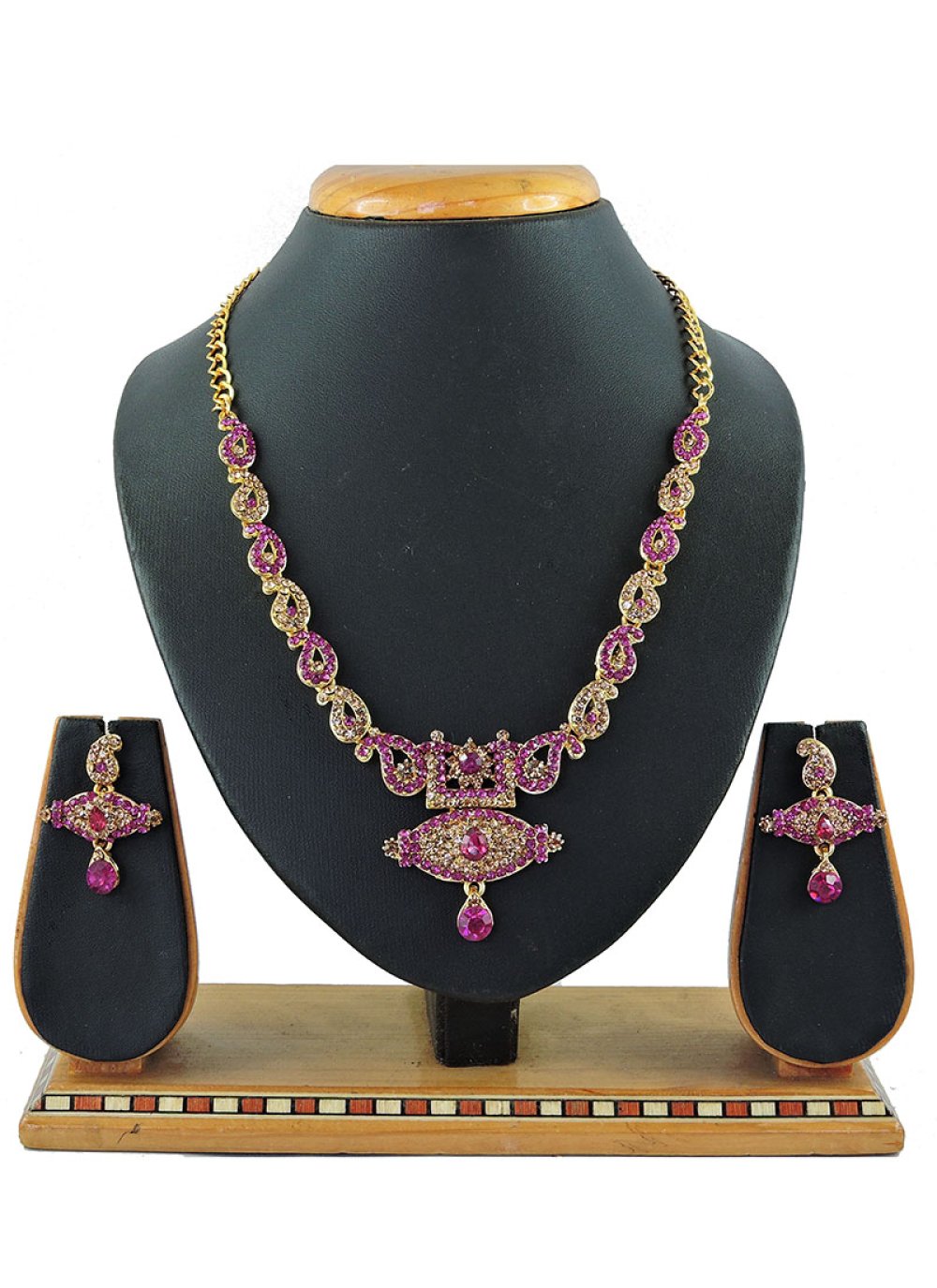 Stone Work Necklace Set in Hot Pink