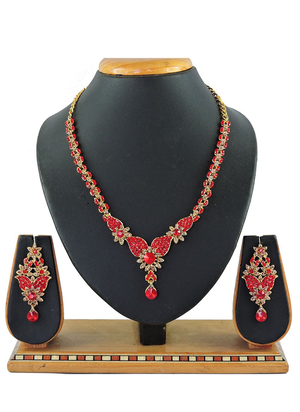 Stone Work Necklace Set in Red